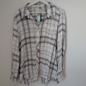Women's Plaid Shirt - Gray, White, & Pink- XL